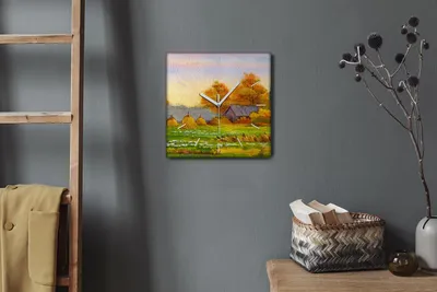 Produktbild von Coloray Hodiny Unikátní 30x30 cm  Tiché hodiny Pro obývací pokoj a kuchyň Nástěnné hodiny Plátno Bílé ručičky hodin - Malování podzimní vesnice