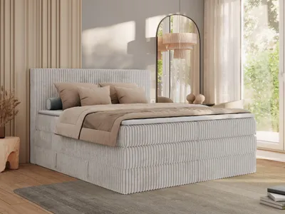 Produktbild von MKS MEBLE Boxspringbett 180x200 Hellgrau Cord, Boxspringbett mit Matratze H3, Bett 180x200 mit Bettkasten and Kopfteil, Doppelbett mit Stauraum, Topper T25, Polsterbett 180x200 - Tiliano King