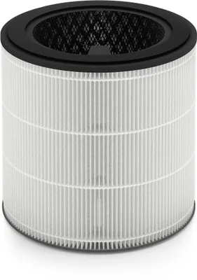 A cylindrical air filter with pleated white filter paper and a black top rim.
