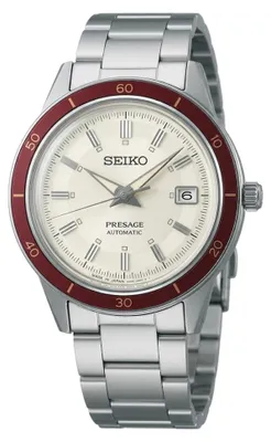 Zdjęcie produktu dla Zegarek męski Seiko Presage, styl lat 60., kolor srebrny i czerwony, model SRPH93J1