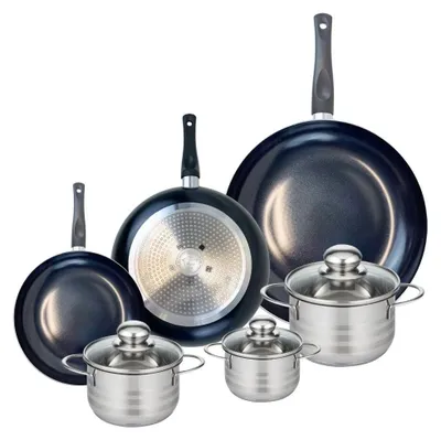 Image de Ensemble de 3 Poêles de cuisson 20, 24 et 32 cm et 3 faitouts 12, 14 et 16 cm Elo Prima Brillant