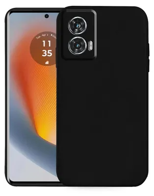 A black phone case is shown next to a smartphone.