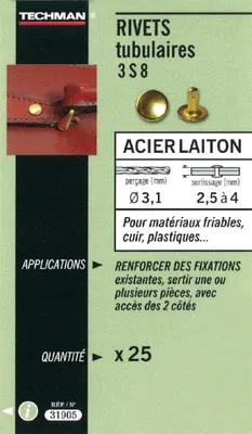 Image de 25 rivets tubulaires acier / laiton Ø 8 x 12 mm