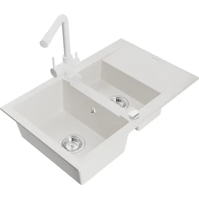Obrázek produktu pro Mexen Gaspar 1,5-miskový granitový dřez s odkapávačem a kuchyňskou baterií Duero, Bílá - 6507-20-671600-20