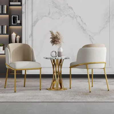 Immagine prodotto di Set di 2 sedie per sala da pranzo Merax, sedia moderna per sala da pranzo con gamba inclinata, sedia imbottita, piedini regolabili, sedie da cucina, lino e pelle, beige