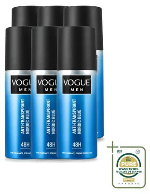 Immagine prodotto di 6 flaconi di deodorante spray antitraspirante Vogue Men Nordic Blue, 150 ml - confezione da 6 pezzi