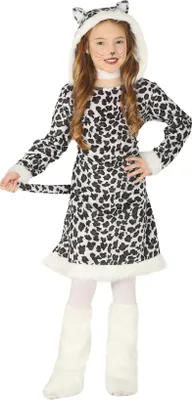 A young girl wearing a leopard costume.