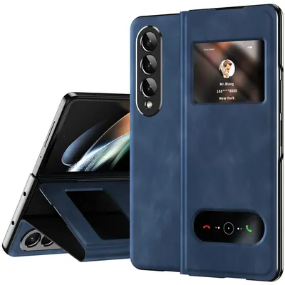 Obrázek produktu pro Slim flipové kožené pouzdro pro Samsung Galaxy Z Fold 3 5G, s okénkem pro zobrazení a funkcí stojánku Tmavě modrá