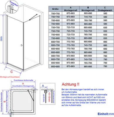 A diagram and table showing the dimensions and specifications of a shower cabin.