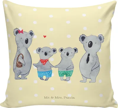 Produktbild von Mr. & Mrs. Panda Kissen 40x40 Koala Familie zwei - Gelb Pastell - Geschenk, couch, Sofa, Kuschel, kuschelkissen, Muttertag, Koalabär, mikrofaser kopfkissen, Familienleben