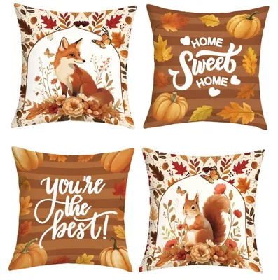 4er-Set Sierkussenbezüge 45x45 cm Herbst Fuchs Kürbis