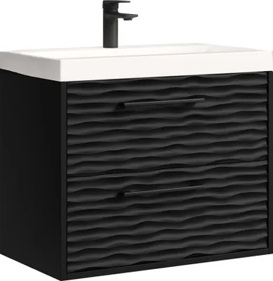 A black bathroom vanity set with a white sink and a black faucet.