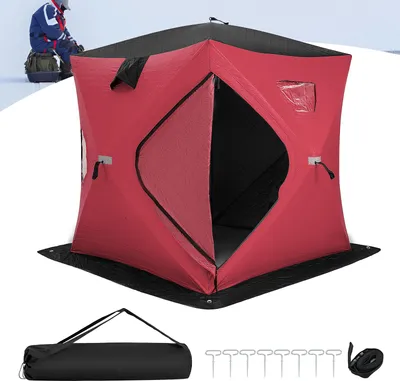 Obrázek produktu pro COSTWAY pop-up stan pro rybaření na ledu, přenosný ochranný stan pro 1-2 osoby s polstrovanými stěnami z bavlny, okny, dveřmi na zip a taškou na přenášení červený