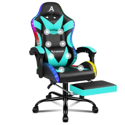 A black and cyan gaming chair with LED lighting and a footrest, shown on a white background.