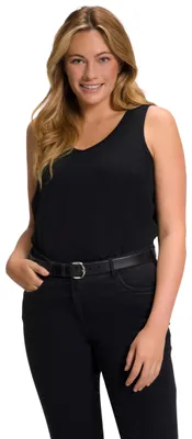 Immagine prodotto di Maglia da donna Ulla Popken, modello femminile con scollo a V, t-shirt, colore nero, taglia 42-44