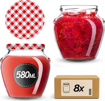 Produktbild von KADAX Einmachgläser 510 ml mit Schraubdeckel fi82mm, Schraubgläser mit Deckel, Einkochgläser, Sturzgläser zum Einkochen (Rot kariert, 8 Stück)
