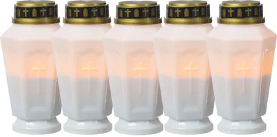 LED Grablicht - Grabkerze - orange flackernd - Timer- H: 15,5cm - für Außen - weiß - 5er Set