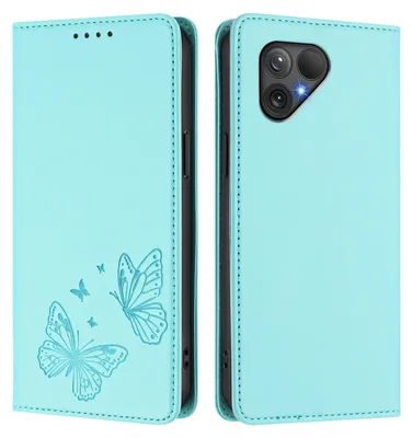 Obrázek produktu pro Kožené pouzdro pro Fairphone 5, motýlí ražbou, peněženkové flip pouzdro se stojánkem Mátově zelená