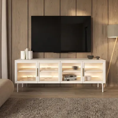 Obrázek produktu pro TV dolní skříňka LUMI 181 cm kašmírové žebrované sklo LED zlatá 4dveřová TV skříňka