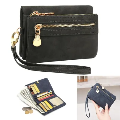 Image de Alster Herz® Portefeuille pour femmes, grande capacité, cuir synthétique, plusieurs compartiments, fermeture éclair, couleur noire, A0403
