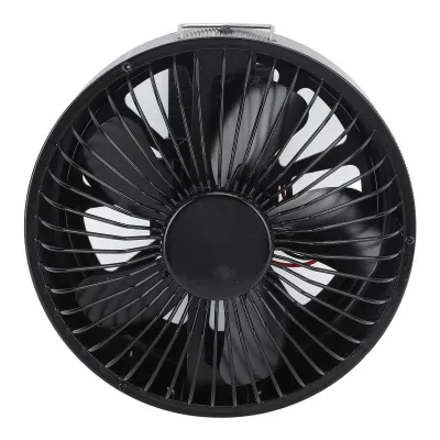 A black fan with visible blades and a central hub, isolated on a white background.