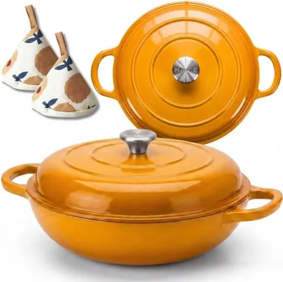 Productafbeelding van Geëmailde gietijzeren pan, plat, 30 cm, 3 liter, mosterdkleur