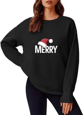 Immagine prodotto di Maglia di Natale Merry Christmas felpa albero di Natale stampa Xmas jumper manica lunga camicia camicetta, nero, signore, M