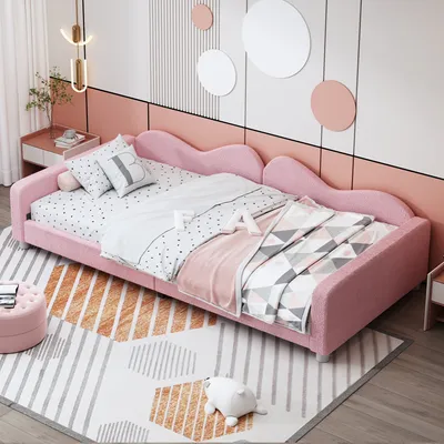 Produktbild von okwish Kinderbett 90*200cm, multifunktionales weiches Schlafsofa, mit Rückenarmlehne, Teddystoff, bequemer Schlaf, Teenager, Gästebett, Rosa