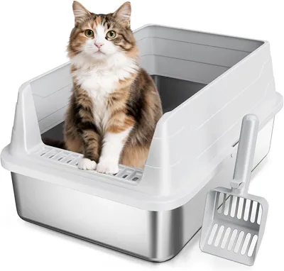 Productafbeelding van Kattenbak van roestvrij staal - 44 x 34 x 20 cm - compact - met schep en antislip pads