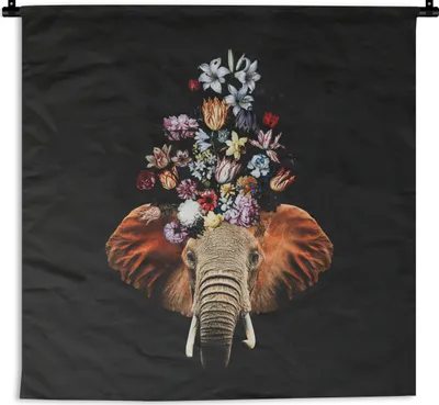 Produktbild von MuchoWow® Wandteppich Wandbehang Elefant - Blumen - Farben 150x150 cm Tapisserie Dekoration Wandtuch - Wohnaccessoires - Modernes