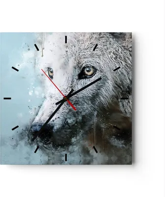 Produktbild von Wanduhr - Quadrat - Glasuhr - Weiß Der Wolf Bild - 40x40cm - Schleichendes Uhrwerk - Lautlos - zum Aufhängen bereit - Dekoration Modern - Wanddekoration aus Glas - C3AC40x40-4623