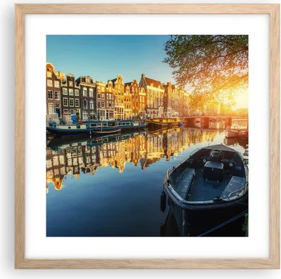 Produktbild von Gerahmtes Poster - Rahmen in heller Eiche - Kanal Boot Amsterdam Wasser - 40x40 cm - Wand Bild - Wanddeko - Wandbilder - Wandposter - Bilderrahmen - Bilder - Kunstdruck - Wandbild - P2NAC40x40-2857