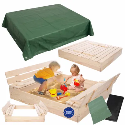 Produktbild von MODO24 Sandkasten Holz, Deckel, Sitzbänke, Schutzplane, Holzsandkasten, Kinder, Garten, 120x117 cm, Natur Imprägniert, PIA