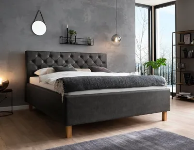 Produktbild von Polsterbett Doppelbett Bett San Remo mit Stoffbezug Bulus 09 anthrazit-160 x 200 cm-eichefarbig