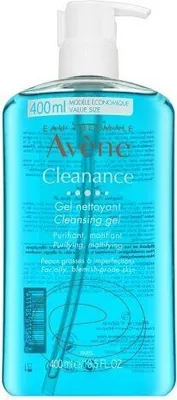 A bottle of Avène Cleanance Cleansing Gel with a pump dispenser.