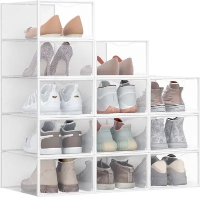 Productafbeelding van 12 transparante, witte opbergboxen van PP-kunststof - Ruimtebesparend - 33,2 x 23 x 14,5 cm