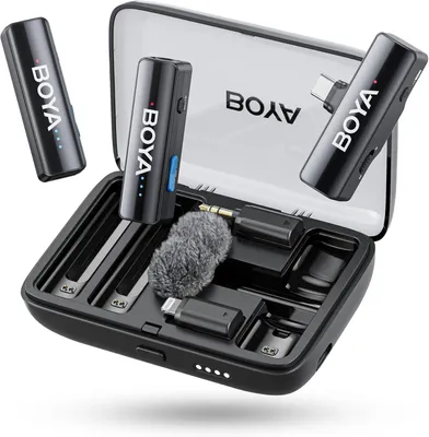 Imagen del producto de Micrófono de solapa inalámbrico Boyalink 3 en 1 con conectores USB-C/Lightning/3,5 mm TRS, micrófono de solapa mini, 48 kHz, 24 bits, alcance de 300 metros, 30 horas de uso, con cancelación de ruido