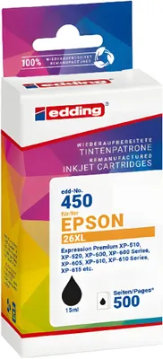 Produktbild von Edding EDD-450 Tintenpatrone, schwarz kompatibel zu Epson T26XL (T2621), Schwarz, 15 ml, 1 Stück(e), 500 Seiten, Einzelpackung