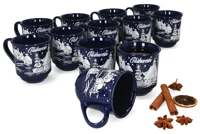 Produktbild von 12er Set Glühweinbecher 0,2L dunkelblau Weihnachtslandschaft Keramik Glühweintassen geeicht