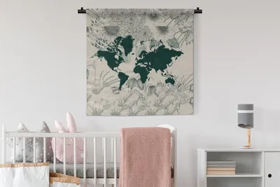 Produktbild von MuchoWow® Wandteppich Wandbehang Weltkarte - Blumen - Pflanzen 90x90 cm Tapisserie Dekoration Wandtuch - Wandaufhänger