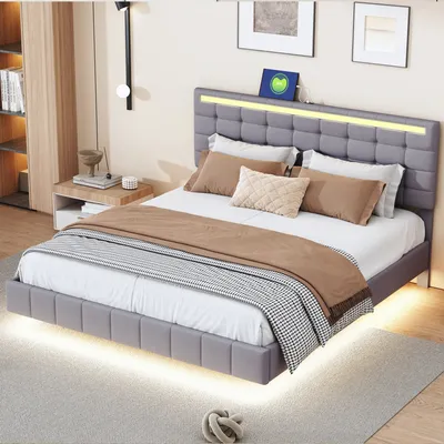 Produktbild von Merax Polsterbett 160x200cm mit LED-Beleuchtung und USB-Stecker, Doppelbett mit Schwebebettrahmen und höhenverstellbarem Kopfteil, Holzbett Jugendbett Funktionsbett Leinen, Grau