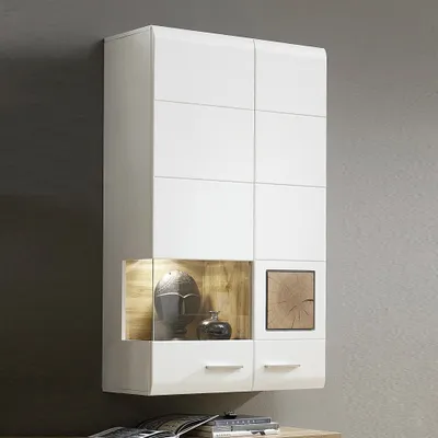 Produktbild von Hängevitrine weiß Eiche Nb. Absetzungen FARO-36 mit LED Beleuchtung, B/H/T: ca. 80/136/37 cm