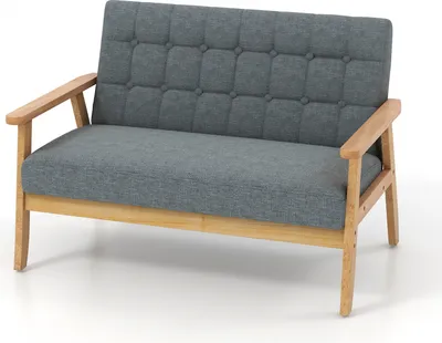 Produktbild von COSTWAY Lniany fotel wypoczynkowy, 2-osobowa sofa tapicerowana z ramą z drewna kauczukowego i klasycznym wzorem z guzikami, fotel wypoczynkowy z połowy wieku do salonu, sypialni i gabinetu