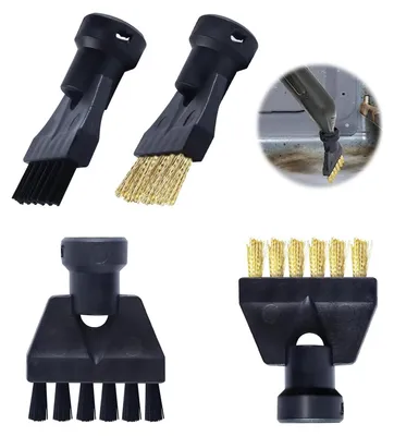 Multiple steam cleaner brush attachments with black plastic bases and bristles, some black and some brass.