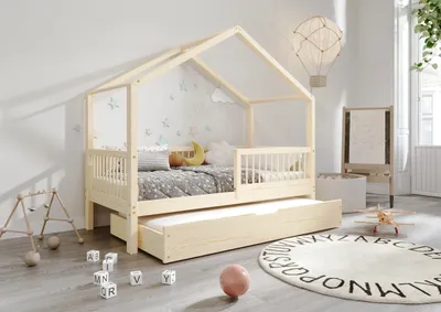 Obrázok produktu pre TIMBEE MURLO Duo house posteľ manželská posteľ detská drevená posteľ so zásuvkou s funkciou spánku - nelakovaná - 90x180cm