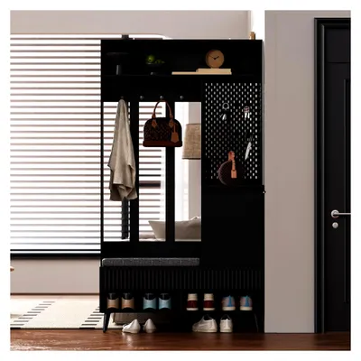 Produktbild von Garderoben-Set mit Schuhbank, 4 Haken, 2 Schubladen und 1 Tür, multifunktionale Wandgarderobe für den Flur, Schwarz, Maße: 100 L x 35 B x 180 H cm