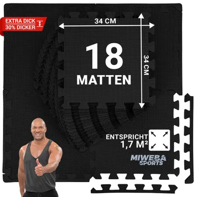 A man gives a thumbs up next to a stack of black puzzle mats with product information displayed.