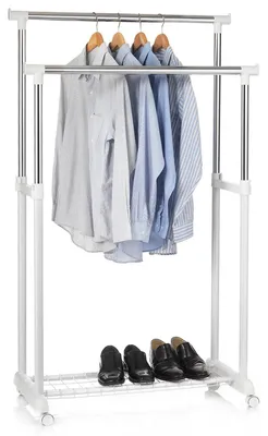 Produktbild von Garderobenwagen GROSSO Kleiderständer Rollgarderobe Garderobenständer , mit Schuhablage, 2 Kleiderstangen, höhenverstellbar, Metallrohr verchromt, in weiß
