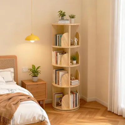 Immagine prodotto di Libreria girevole a 360°, in legno massello, a 4 ripiani, diametro 39 cm, altezza 129 cm