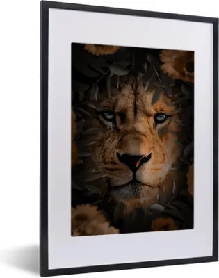 Produktbild von MuchoWow® MuchoWow® Gerahmtes Poster Dschungel - Löwe - Pflanzen - Blumen 30x40 cm - Poster mit zchwarzem Bilderrahmen - Wandposter Schlafzimmer